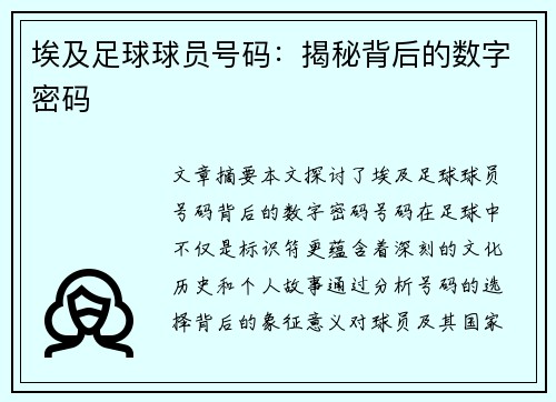 埃及足球球员号码：揭秘背后的数字密码
