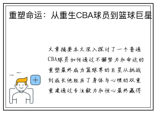 重塑命运：从重生CBA球员到篮球巨星