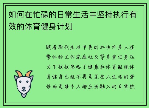如何在忙碌的日常生活中坚持执行有效的体育健身计划